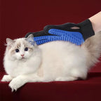 Cat resting on a red cushion while a hand in a blue deshedding glove strokes its back