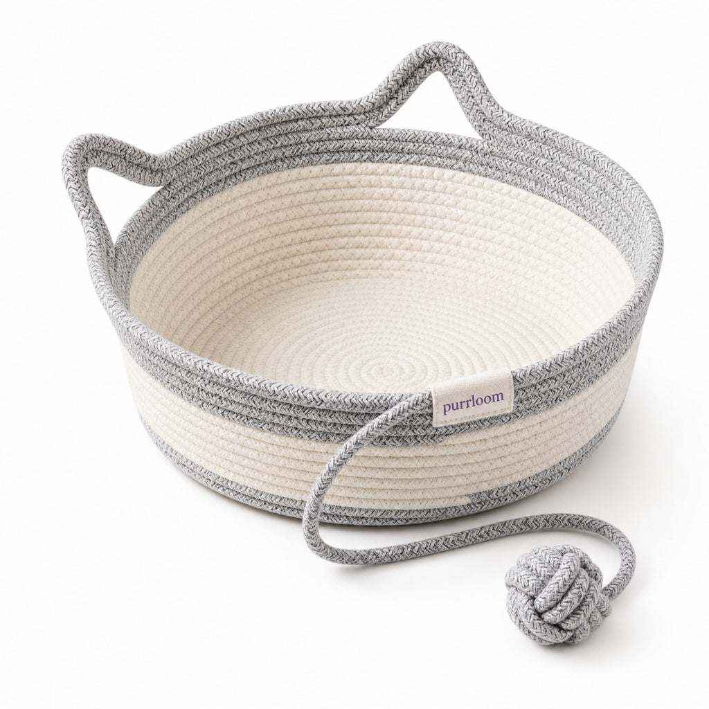 Purrloom Curl Basket in Grey: handwoven cotton rope cat basket with cat-ear handles and rope-ball toy