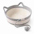 Purrloom Curl Basket in Grey: handwoven cotton rope cat basket with cat-ear handles and rope-ball toy