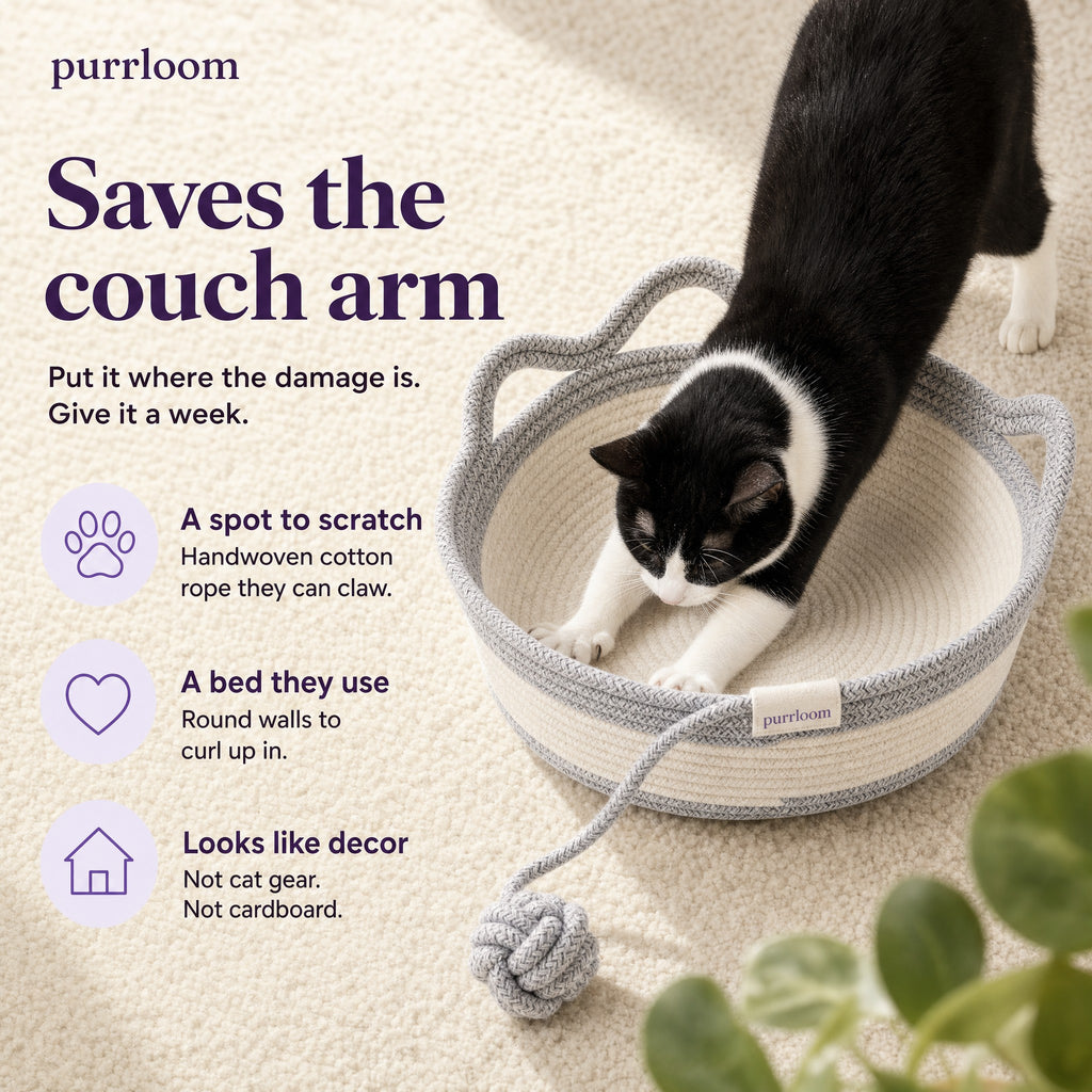 Saves the couch arm: a spot to scratch, a bed they use, looks like decor