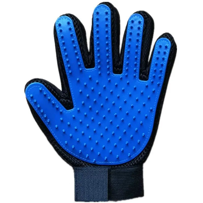 Blue rubber-tipped deshedding glove, palm side