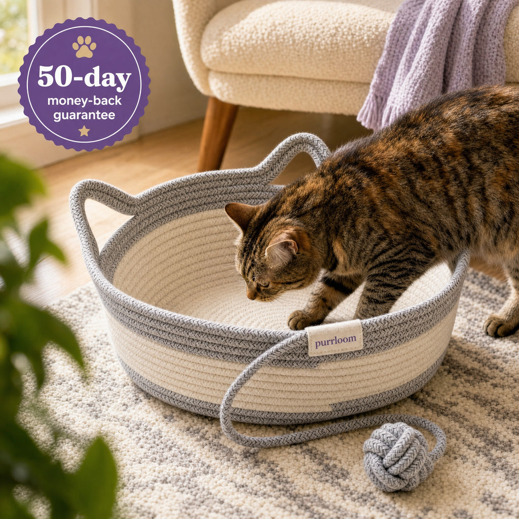 Cat stepping into the Purrloom Curl Basket, 50-day money-back guarantee