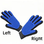 Left and right blue deshedding gloves laid flat