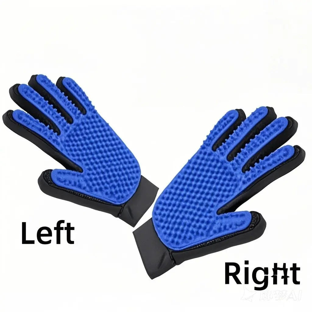 Left and right blue deshedding gloves laid flat