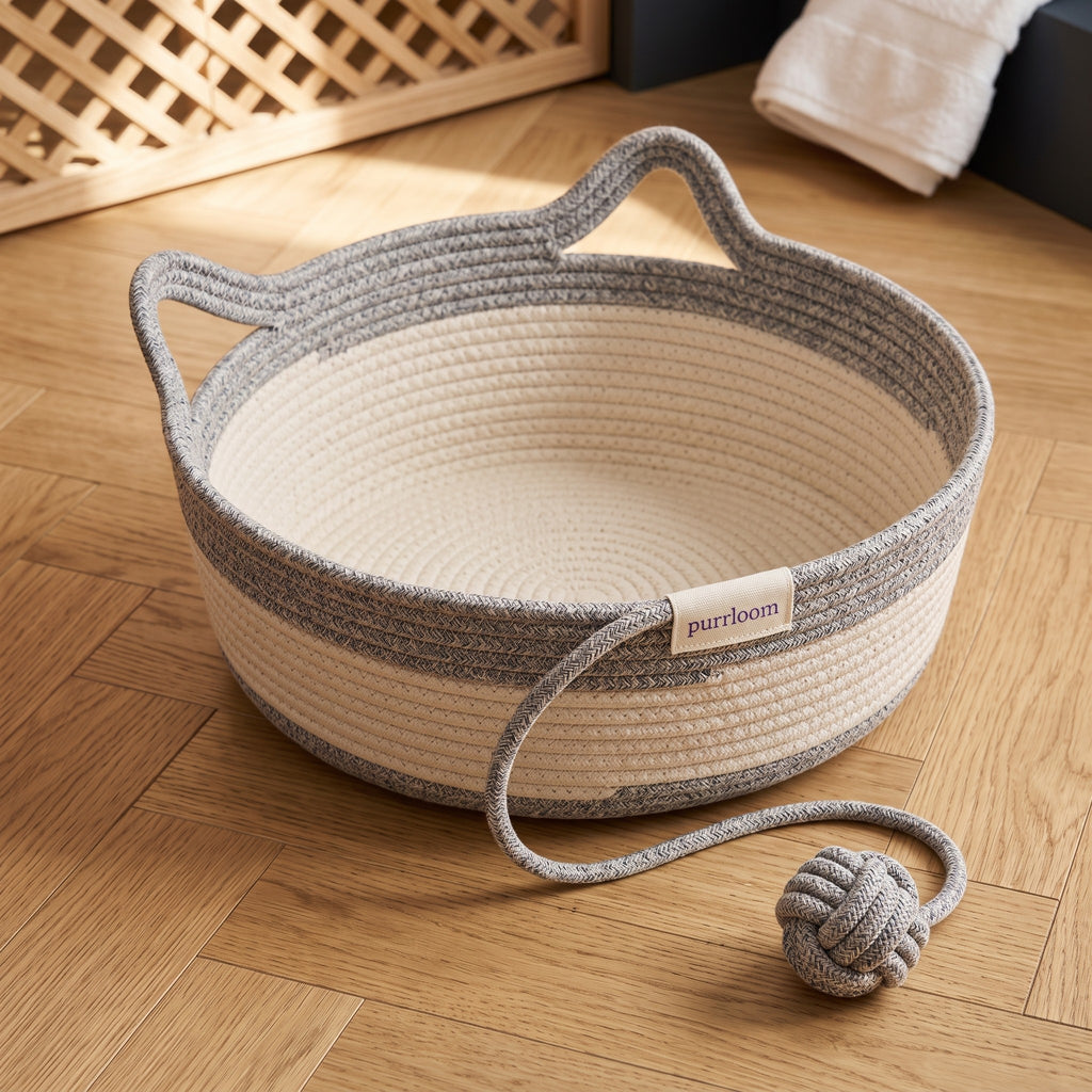 Grey Purrloom Curl Basket on a wood floor