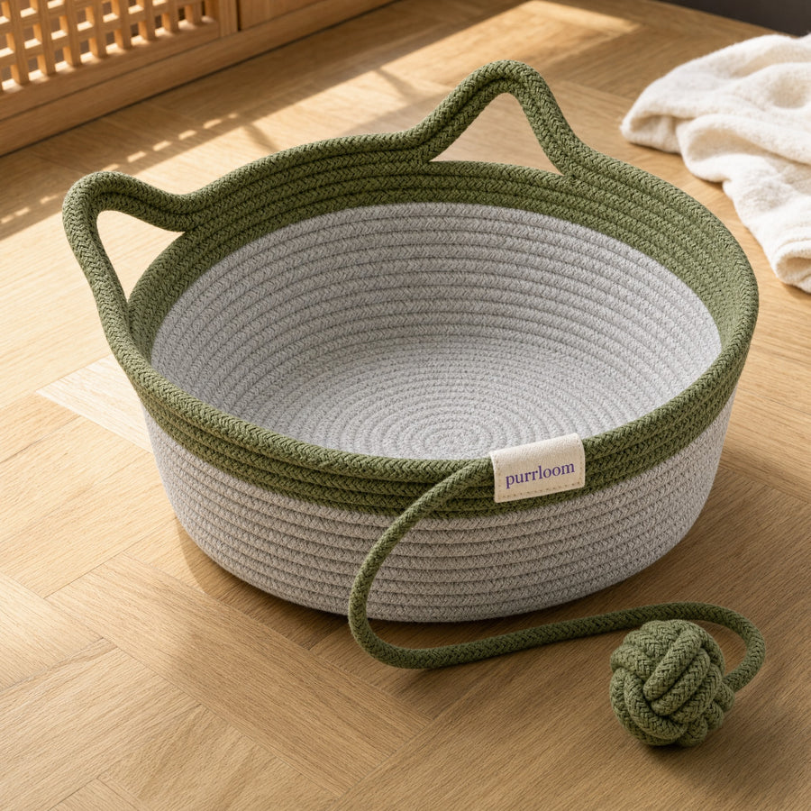 Green Purrloom Curl Basket on a wood floor